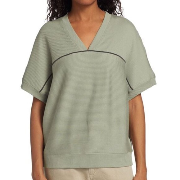 Brunello Cucinelli Monili Trim Ribbed V-Neck Thyme Cotton Tee